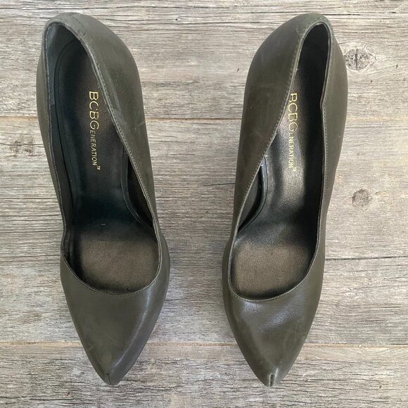 BCBGeneration Holmy Genuine Dark Leather Olive Green Hidden Platform Stilettos - Picture 6 of 10